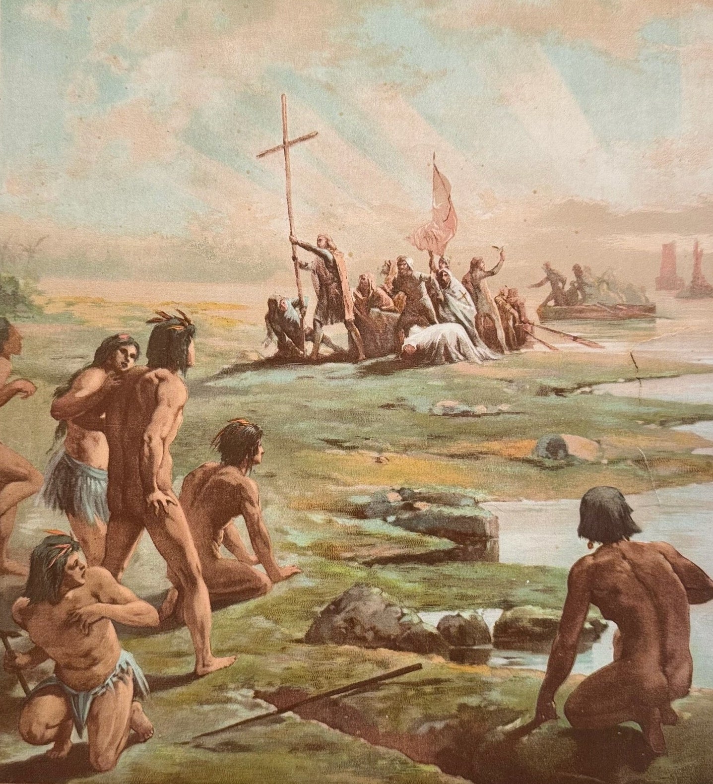 Vintage illustration of a group of people around a campfire with a cross in the background.