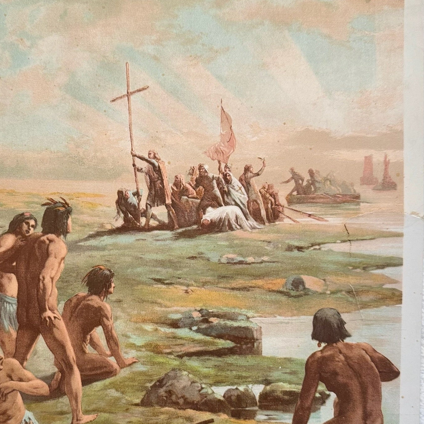 Vintage illustration of a group of people around a campfire with a cross in the background.