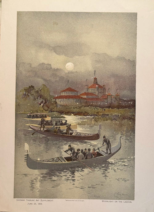 Vintage-style illustration of a boat on water with a moonlit sky, surrounded by other vintage papers.