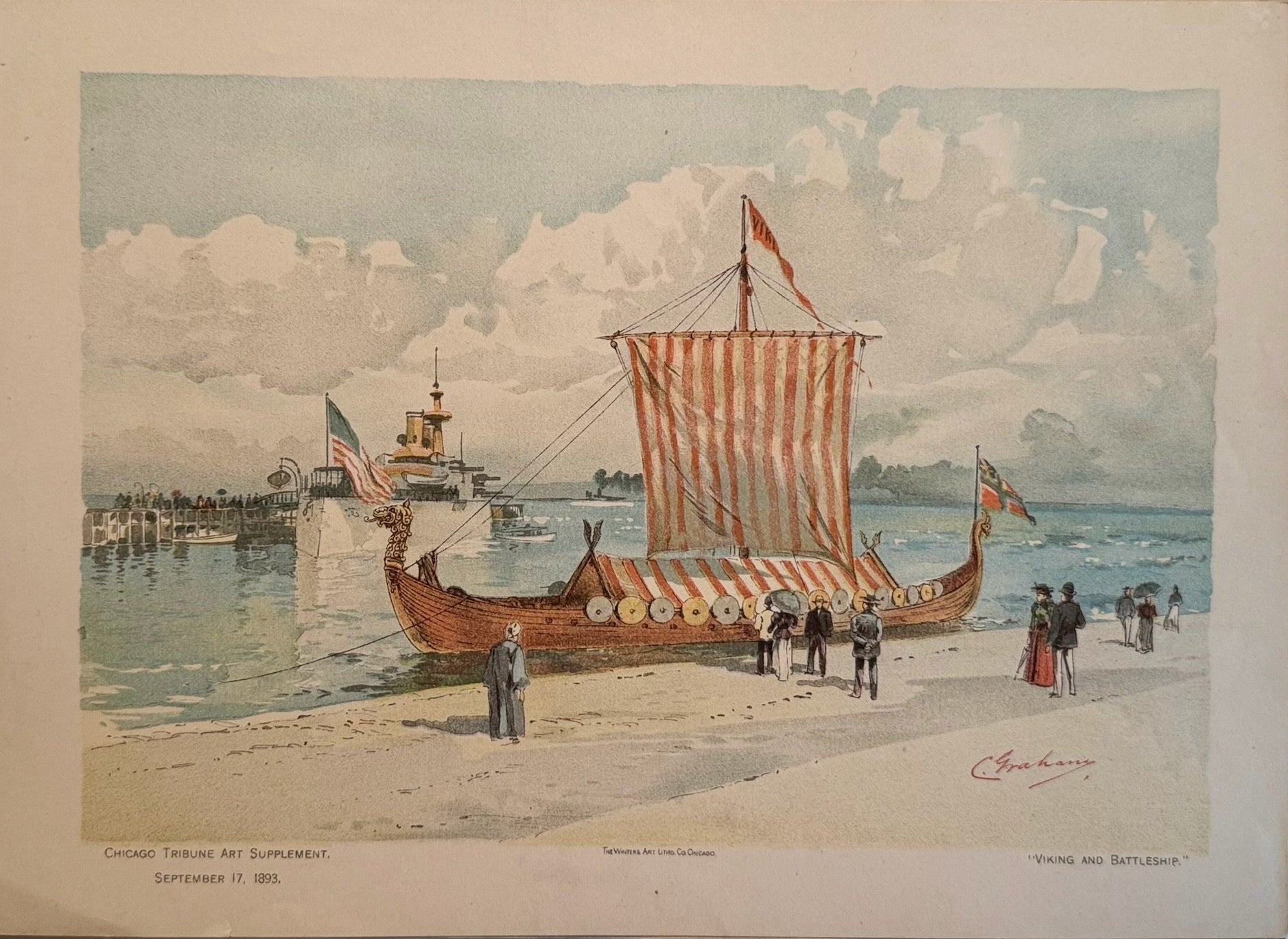 1893 Chicago World’s Fair Art Supplement – 'Viking and Battleship' Chicago Tribune