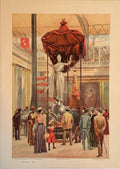 Vintage illustration of a woman holding a red umbrella in an indoor setting with people around.