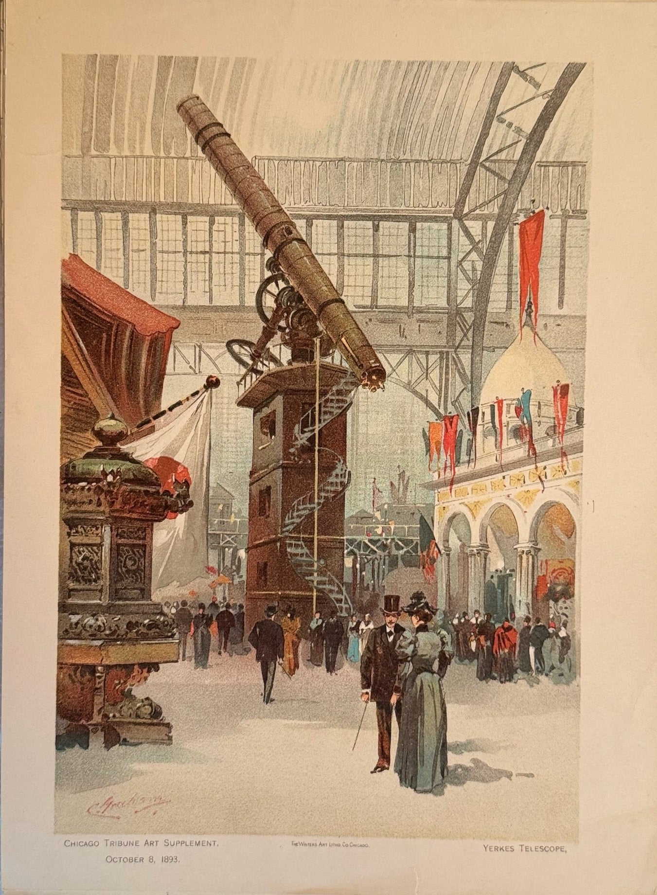 Vintage print of a large telescope at an exhibition with people around