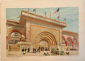Vintage-style illustration of a architectural scene with people and flags on a textured surface.