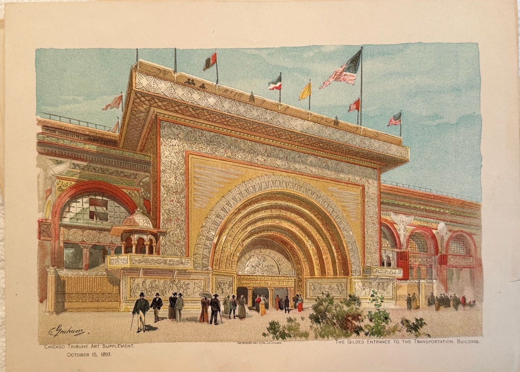 Vintage-style illustration of a architectural scene with people and flags on a textured surface.