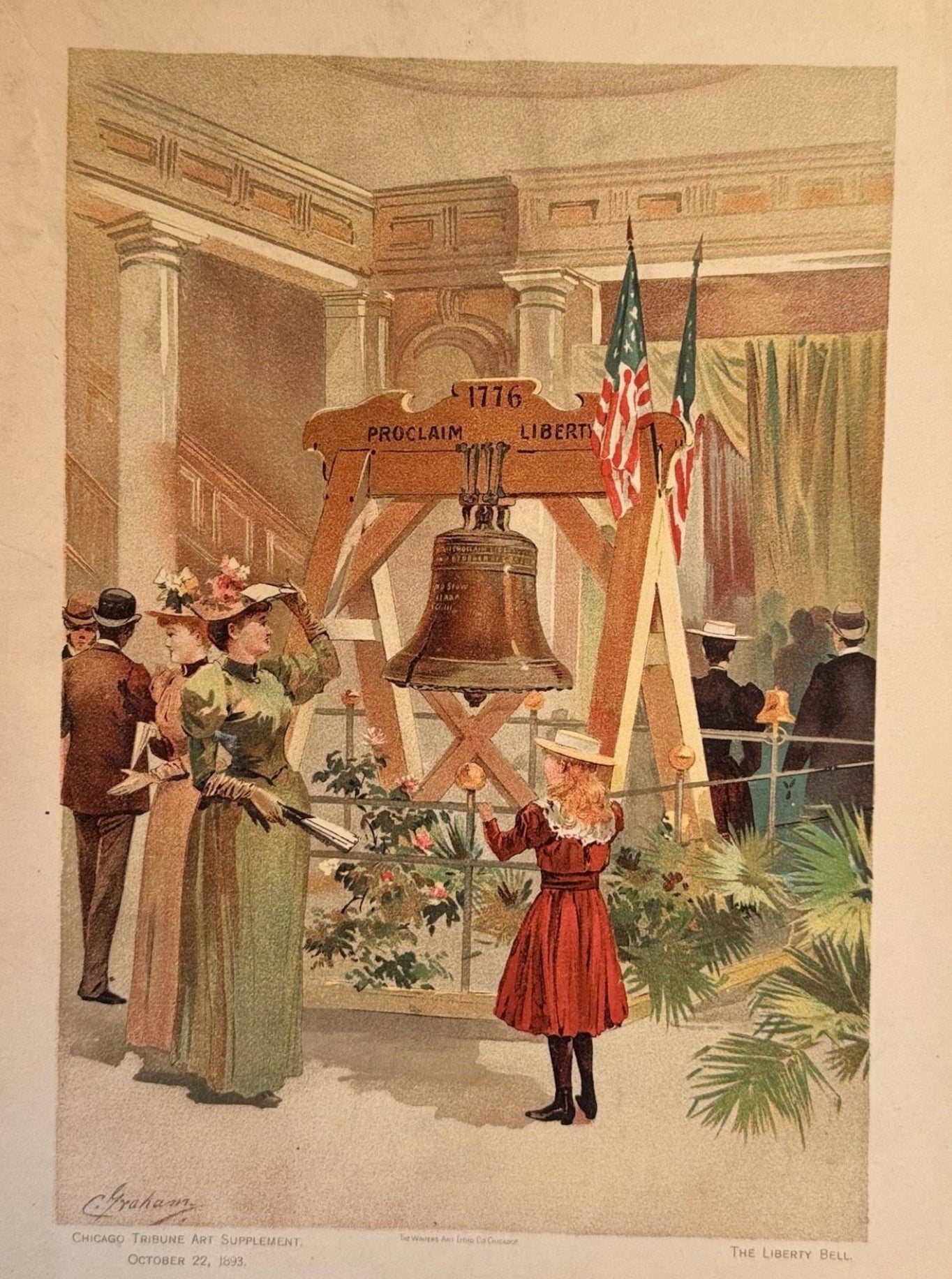 Vintage illustration of a woman ringing a bell with people around, on a textured surface.