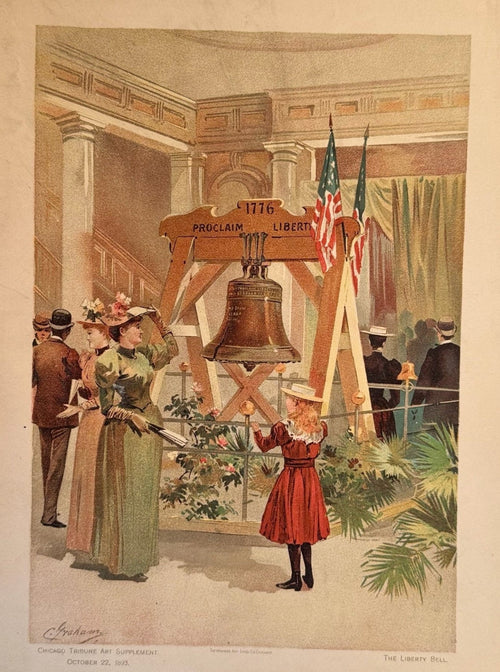 Vintage illustration of a woman ringing a bell with people around, on a textured surface.