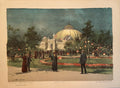 Vintage illustration of a garden scene with a large greenhouse on a textured surface.