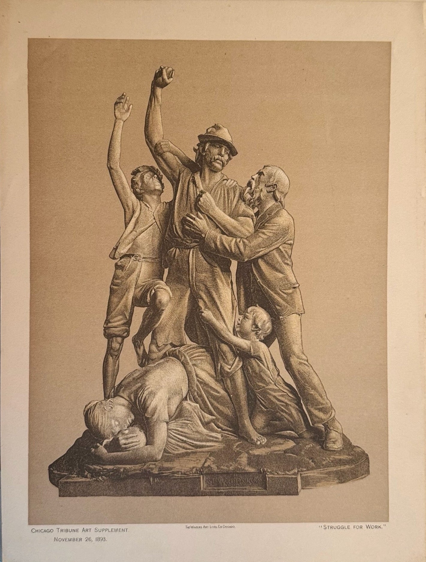 Vintage print of a bronze statue on a textured surface