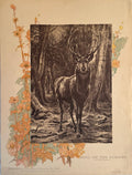 Vintage-style illustration of a deer in a forest with decorative elements on a textured surface.