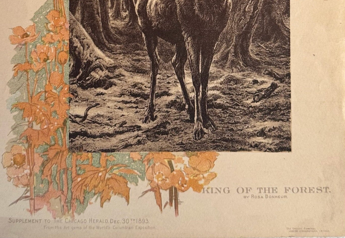 1893 Chicago Herald Art Supplement - 'King of the Forest' by Rosa Bonheur