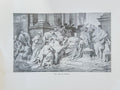 Engraving of a classical scene with people in robes in a room with columns.