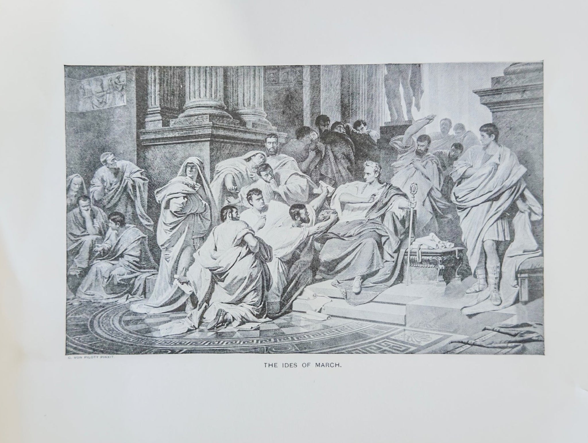 Engraving of a classical scene with people in robes in a room with columns.