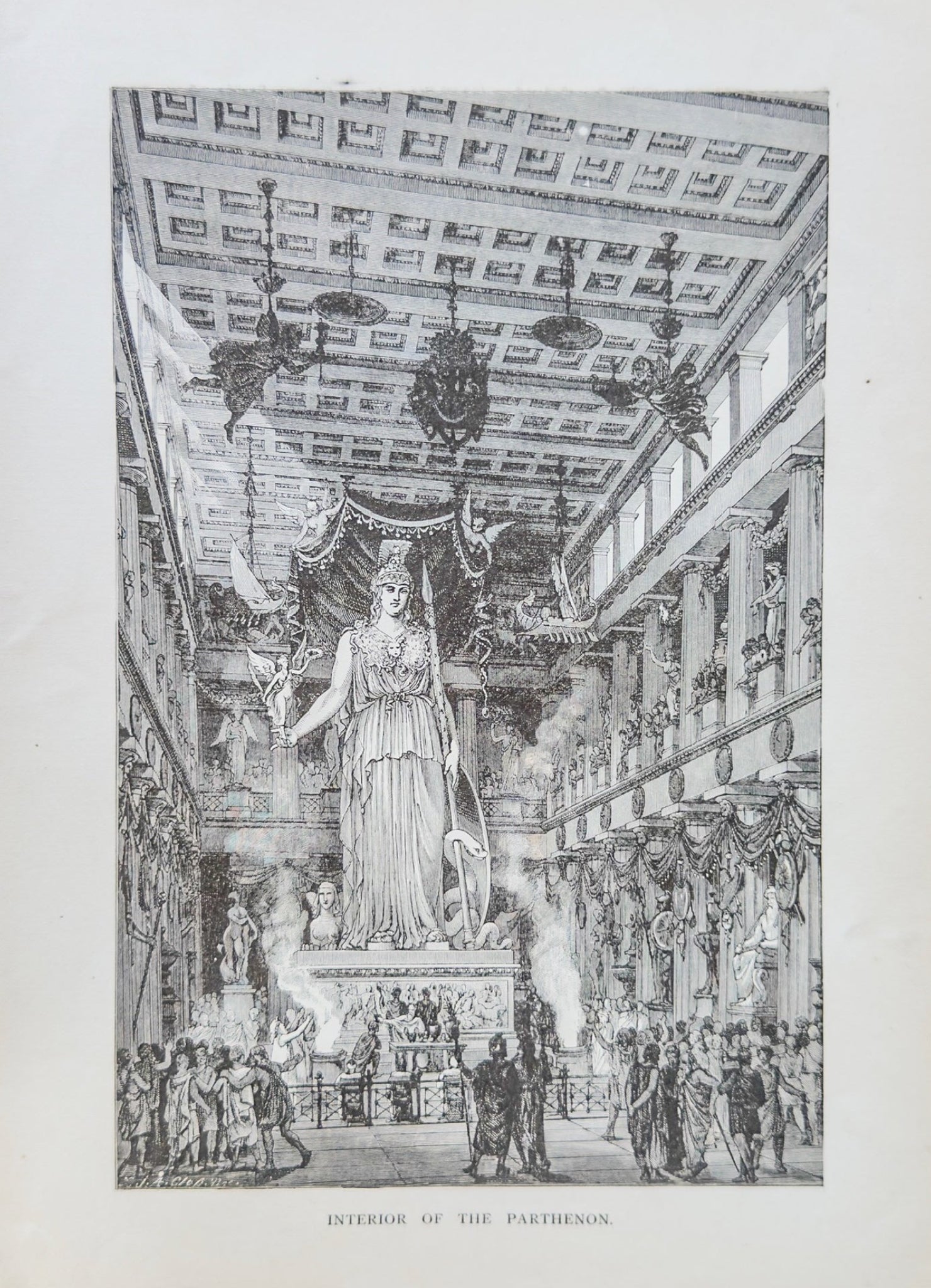 Engraving of the interior of the Pantheon with a central statue and people around