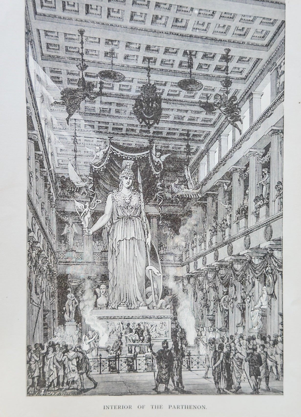 Engraving of the interior of the Pantheon with a central statue and people around