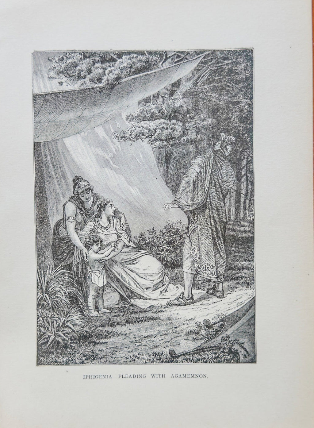 Vintage engraving of a scene with three figures in a natural setting