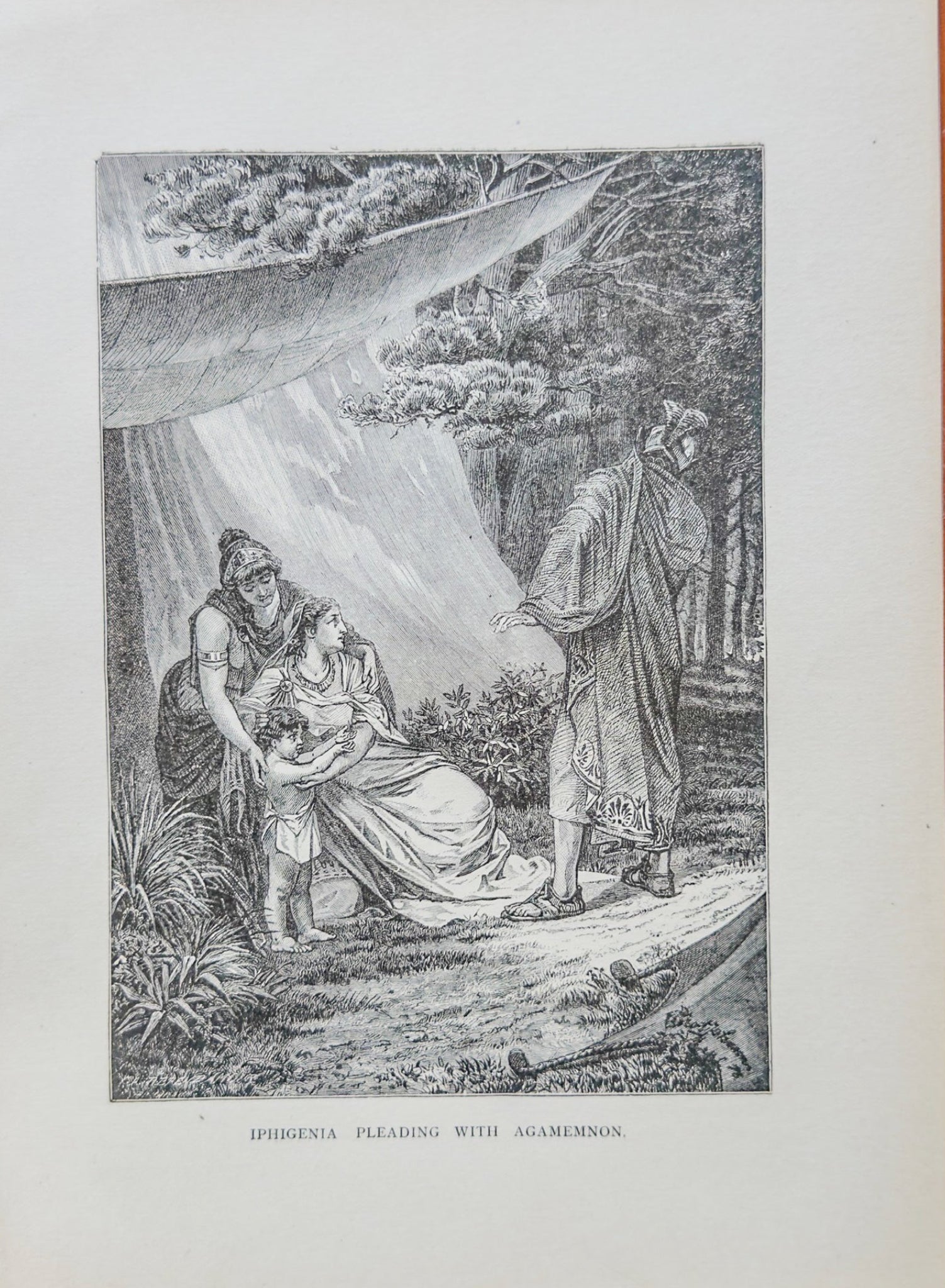 Vintage engraving of a scene with three figures in a natural setting