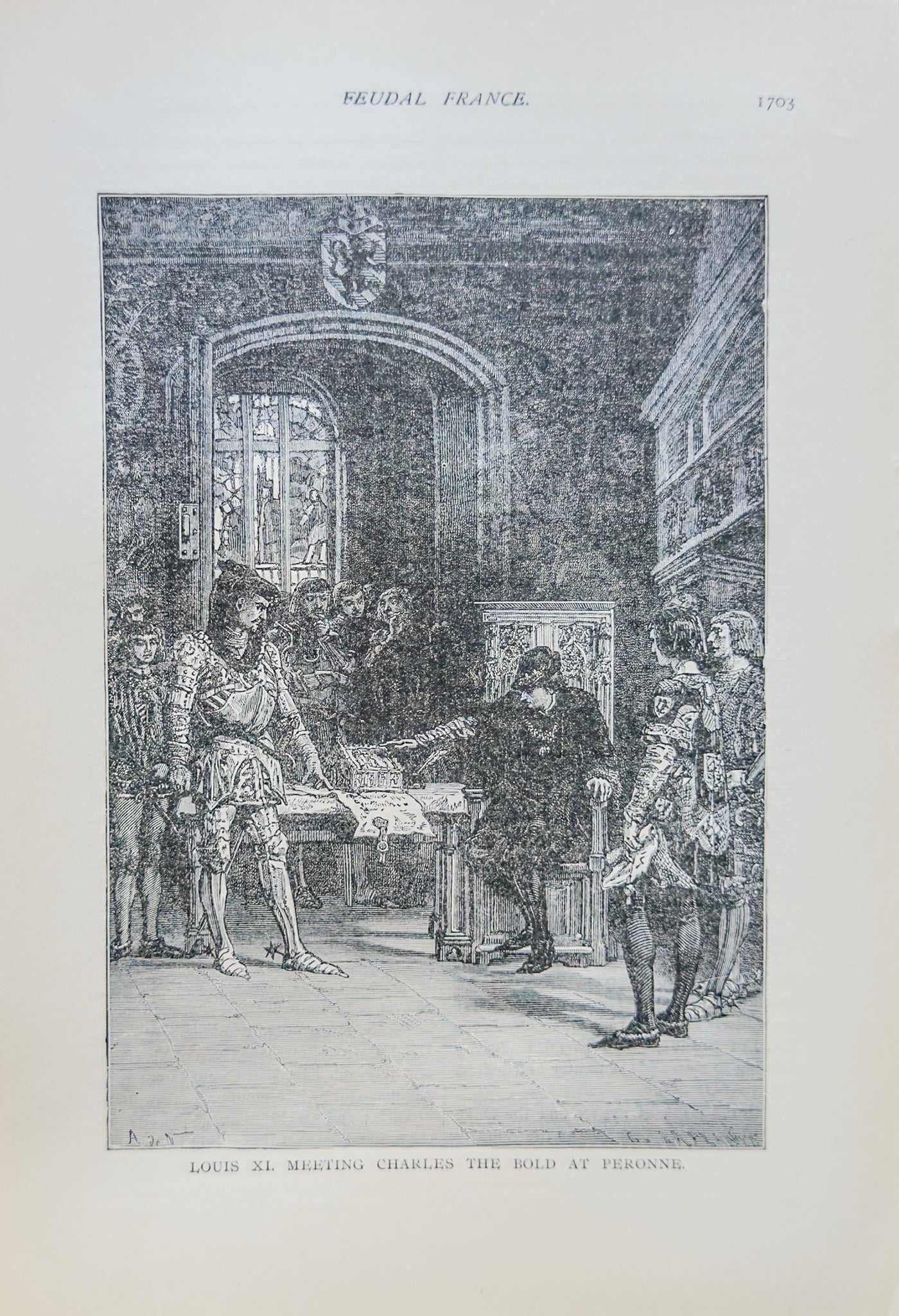 Antique Engraving Louis XI Meeting Charles the Bold Peronne Feudal France