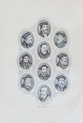 Set of engraved portraits of historical figures arranged in a 3x3 grid on a white background.