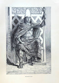Black and white illustration of a historical figure in traditional attire, standing in front of a decorative wall.