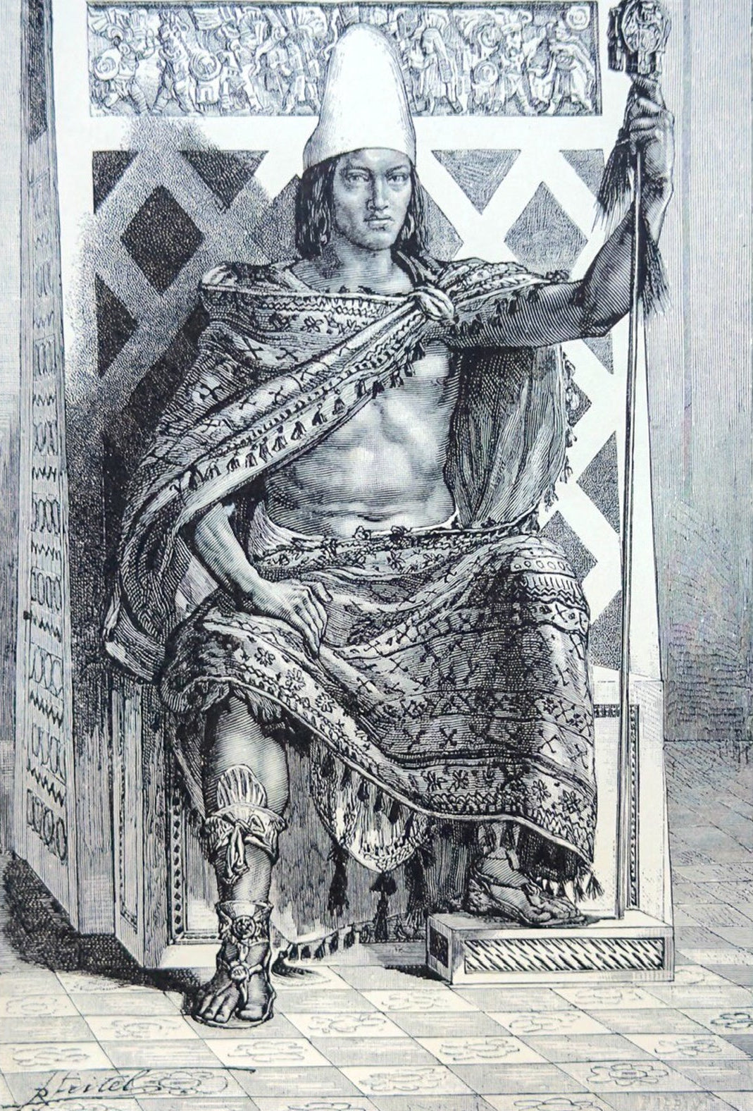 Black and white illustration of a historical figure in traditional attire, standing in front of a decorative wall.