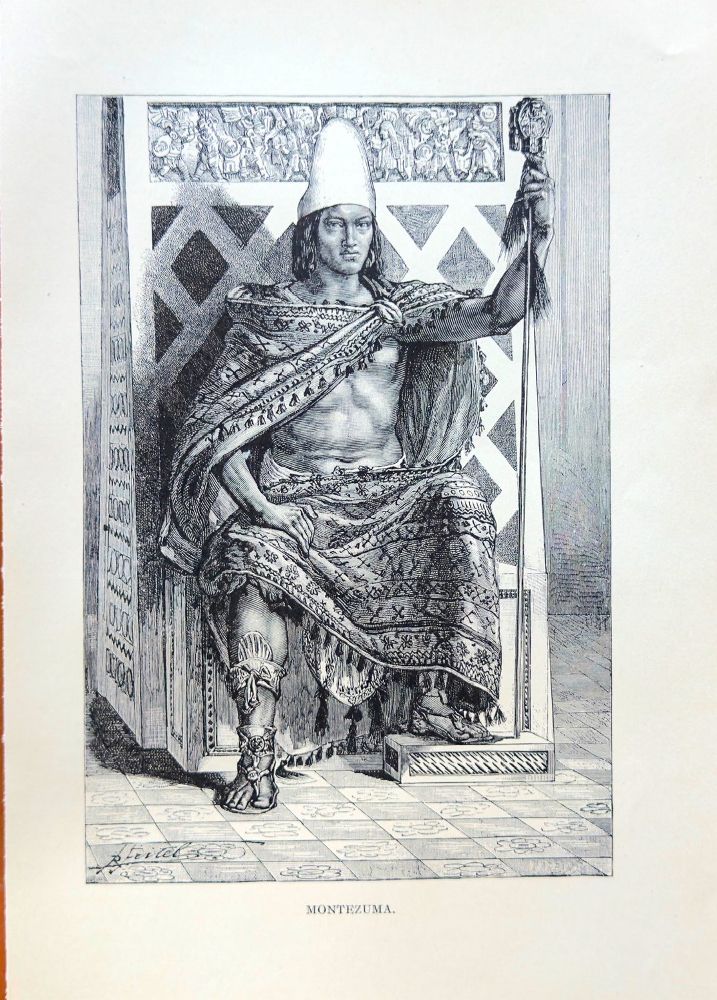 Black and white illustration of a historical figure in traditional attire, standing in front of a decorative wall.