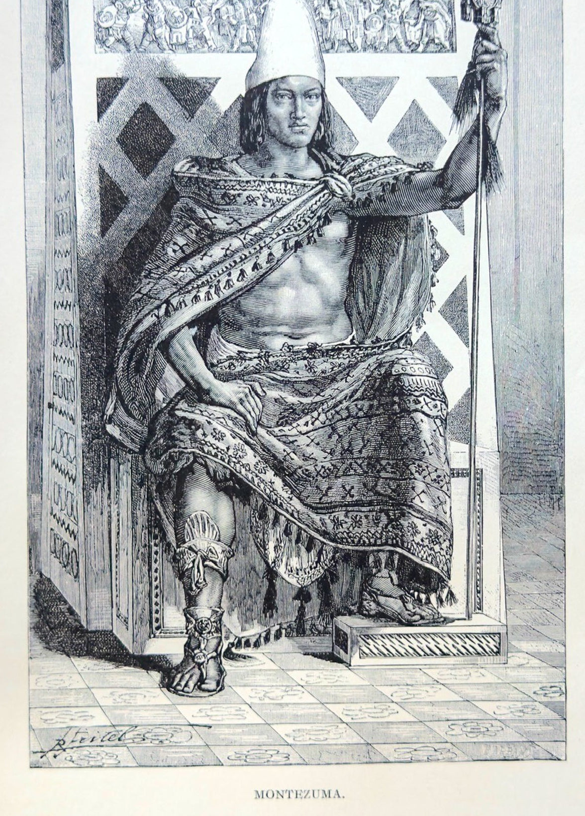 Black and white illustration of a historical figure in traditional attire, standing in front of a decorative wall.