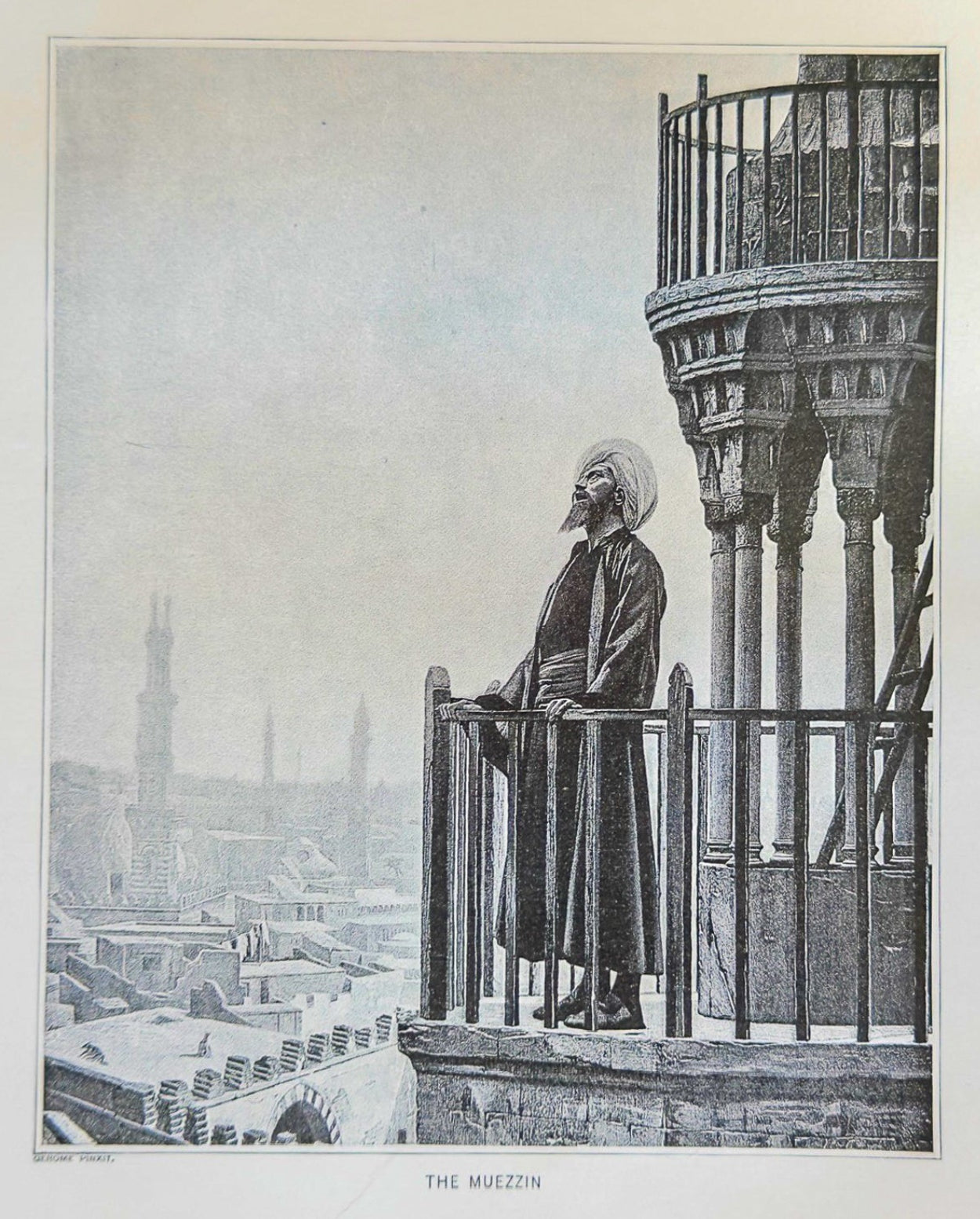 Vintage-style illustration of a person on a balcony overlooking a cityscape.