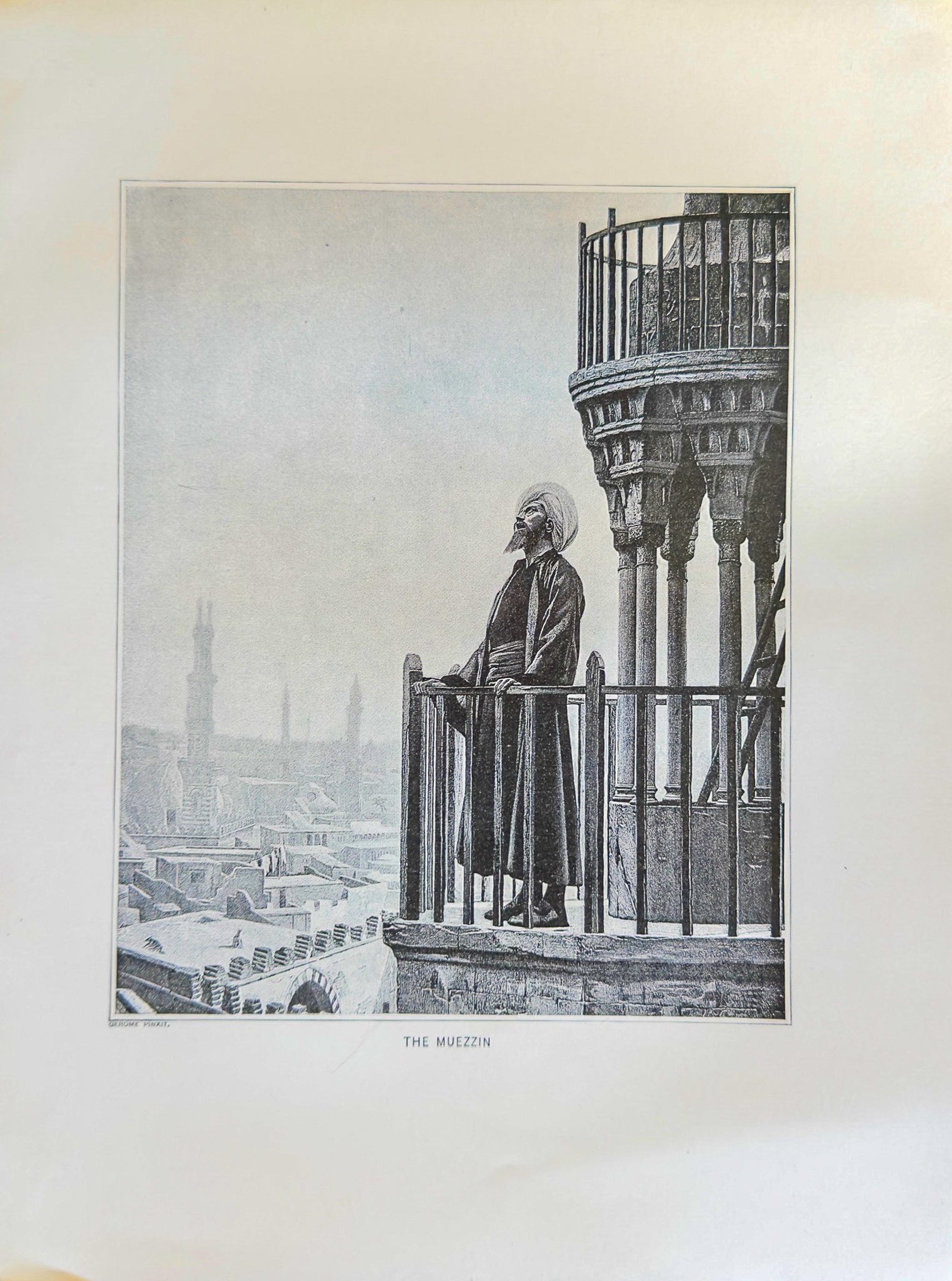 Vintage-style illustration of a person on a balcony overlooking a cityscape.
