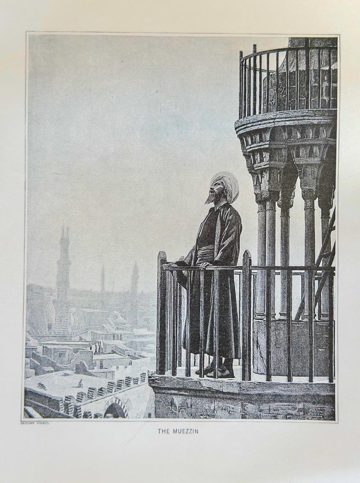 Vintage-style illustration of a person on a balcony overlooking a cityscape.