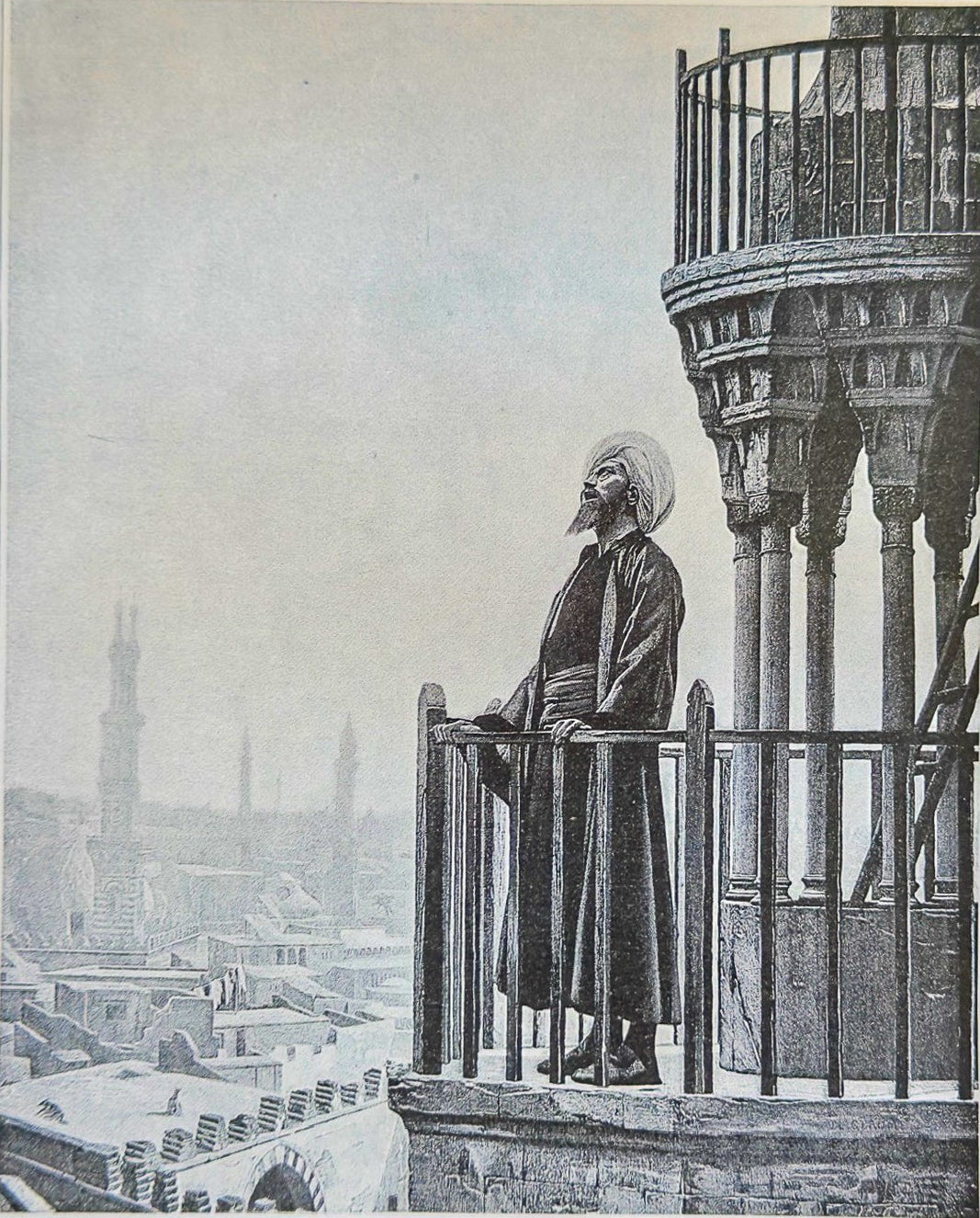 Vintage-style illustration of a person on a balcony overlooking a cityscape.
