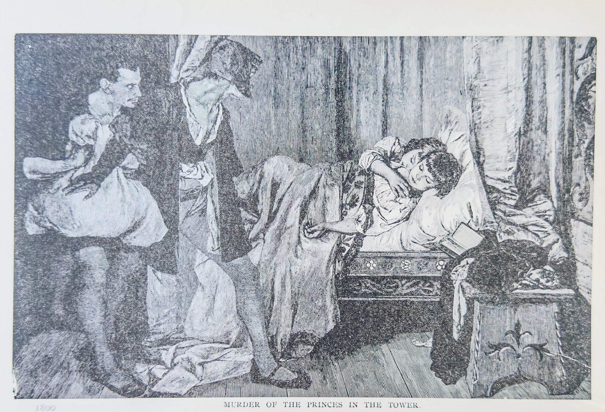 Black and white illustration of a scene with people around a bed, likely from a historical or literary context.