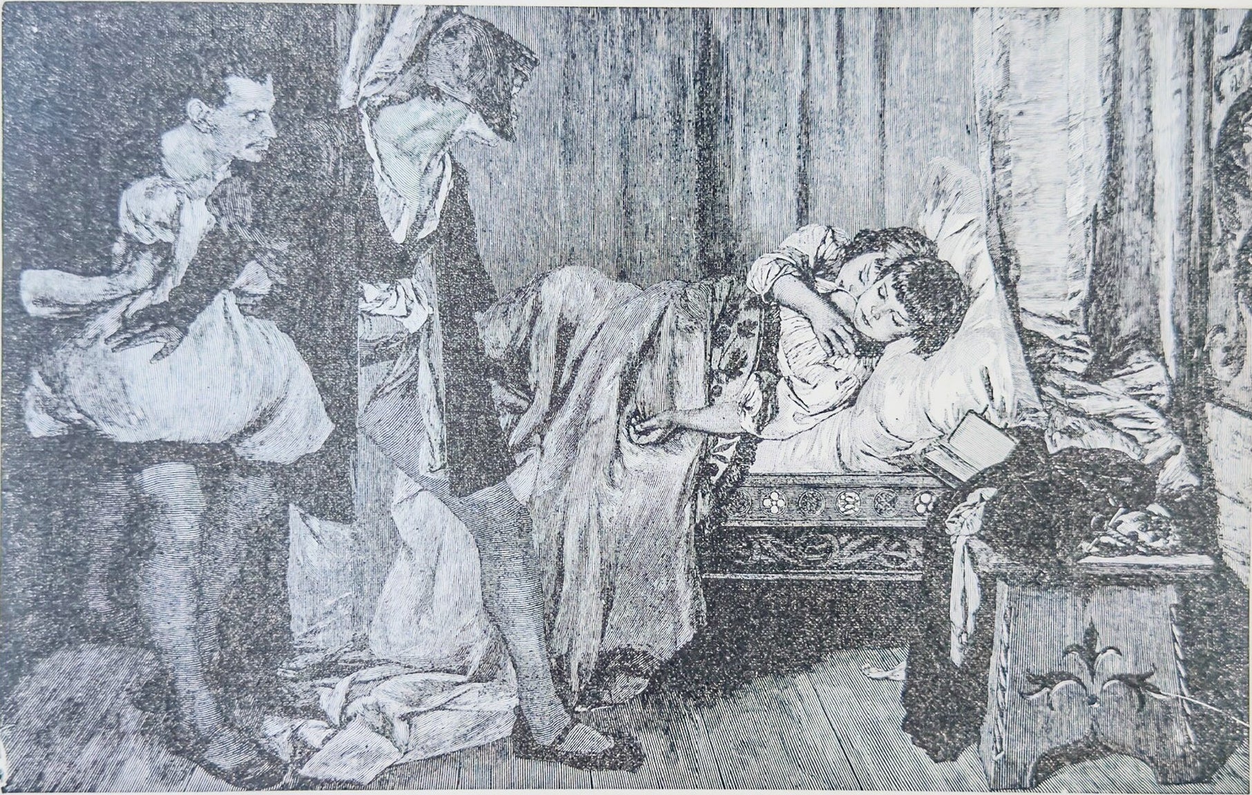 Black and white illustration of a scene with people around a bed, likely from a historical or literary context.