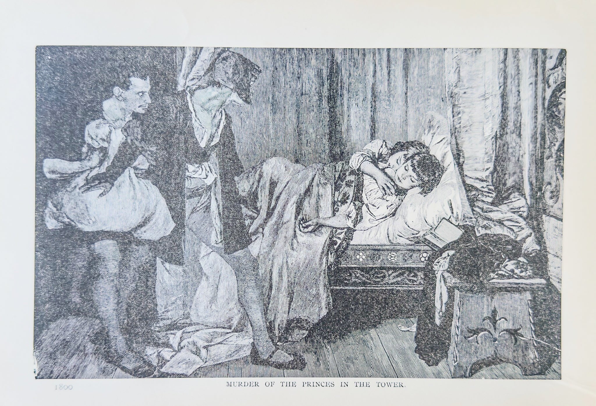 Black and white illustration of a scene with people around a bed, likely from a historical or literary context.