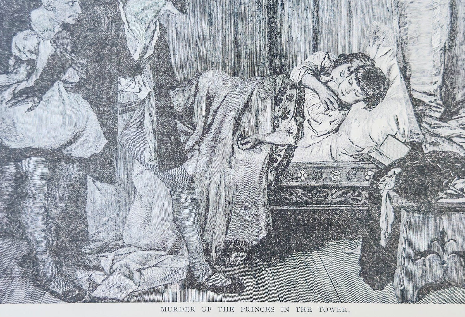 Black and white illustration of a scene with people around a bed, likely from a historical or literary context.