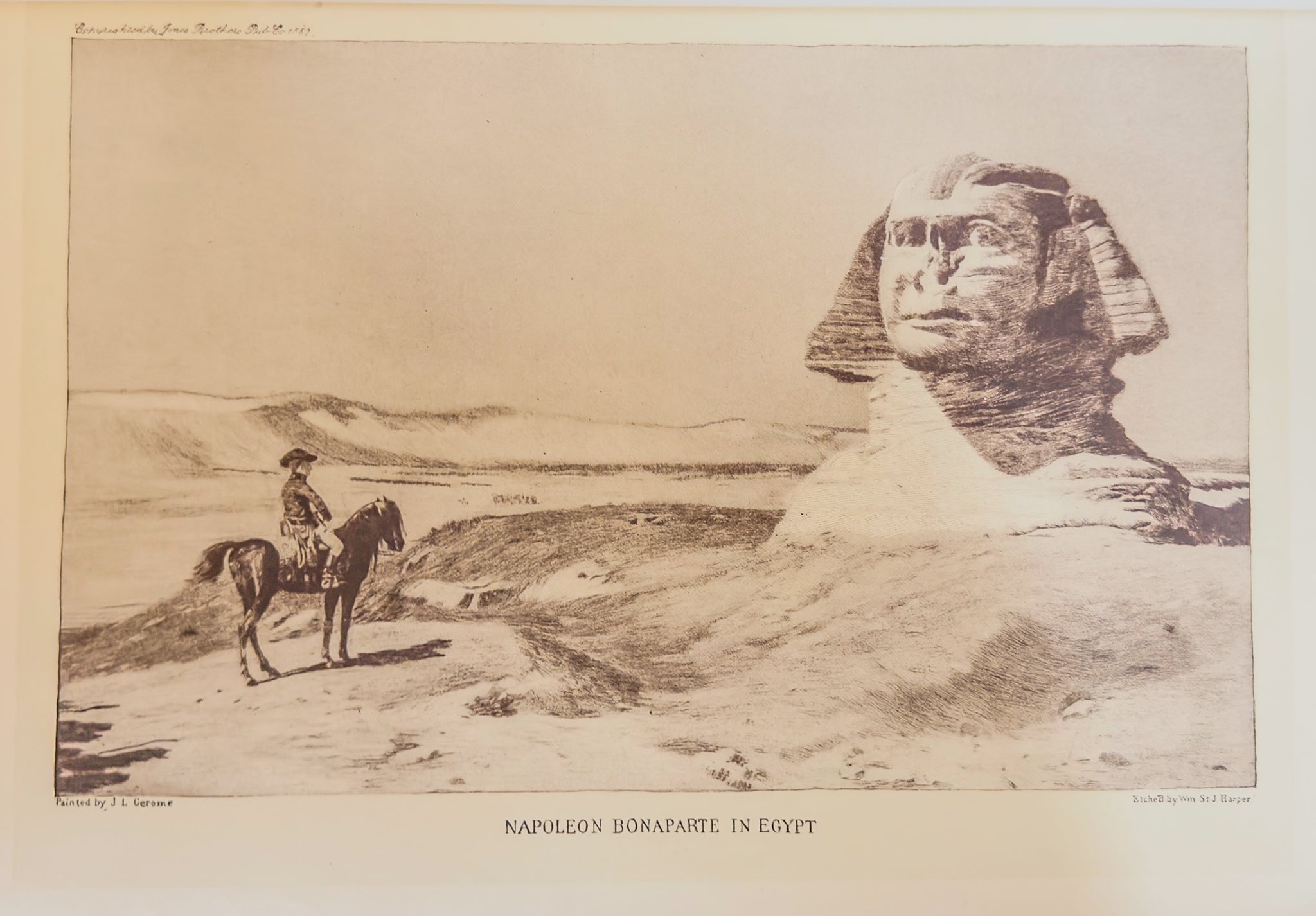 Vintage image of a person on horseback near the Sphinx in Egypt