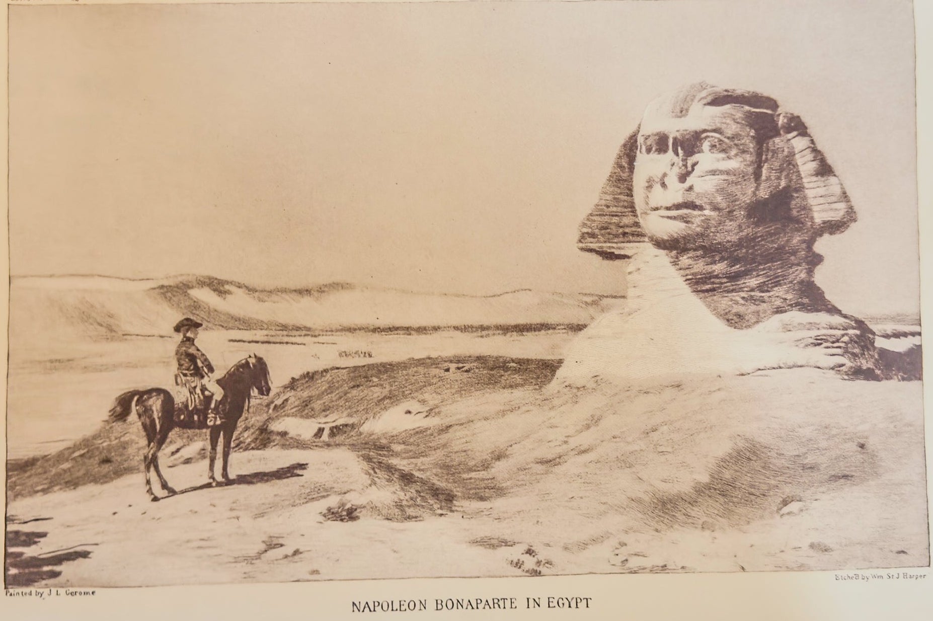 Vintage illustration of a man on horseback near the Sphinx in Egypt