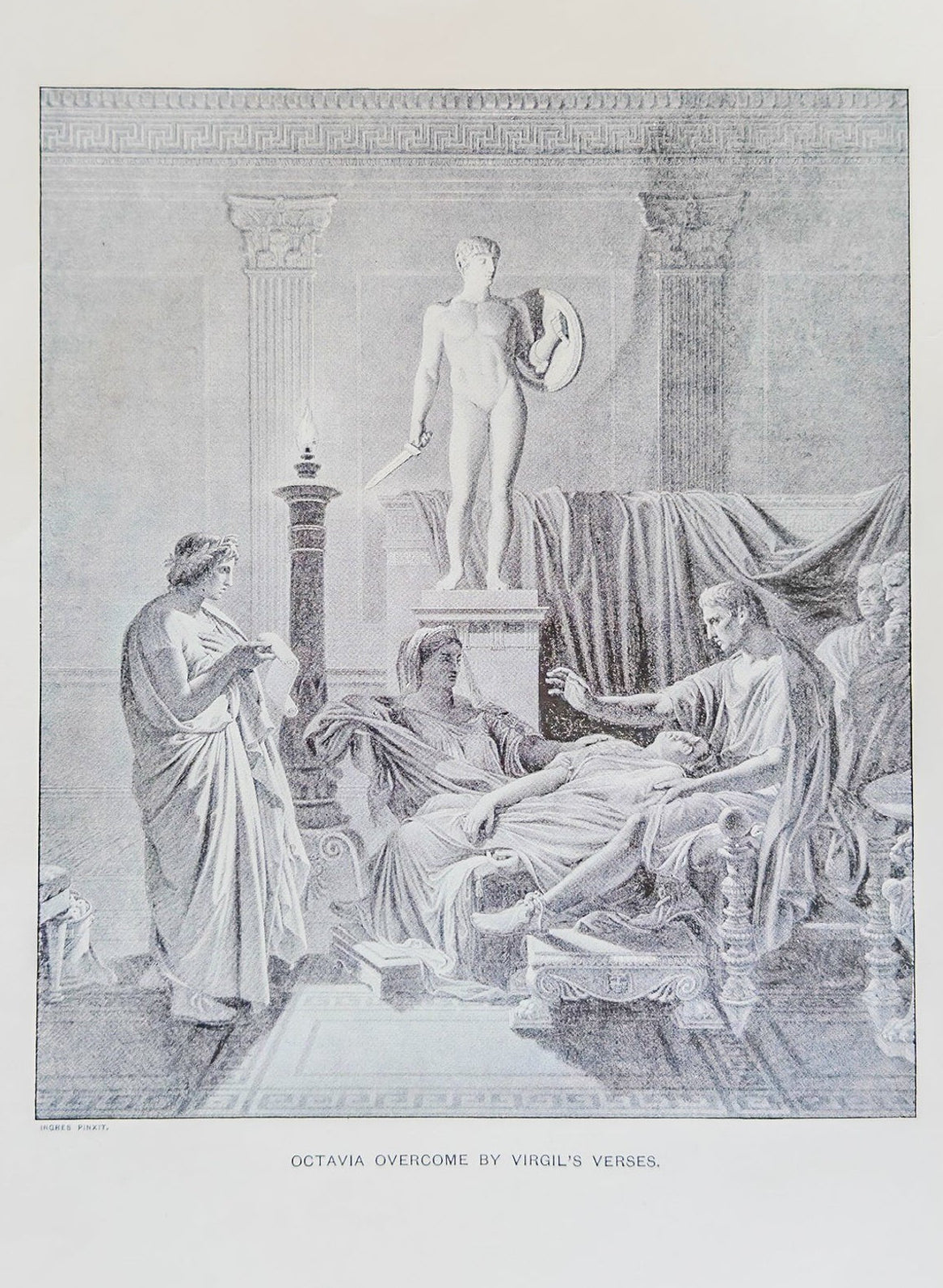 Ancient Roman scene with three figures in a classical setting, possibly a sculpture or painting.