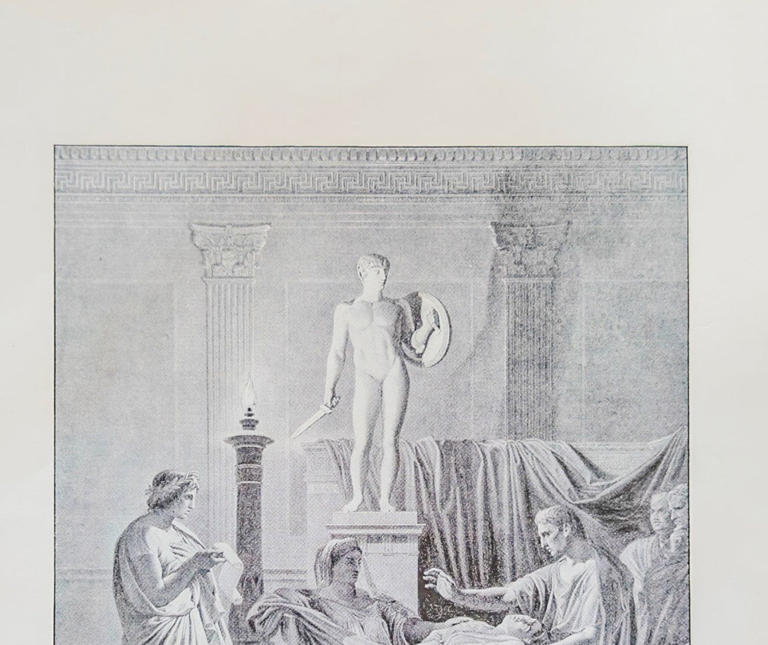 Ancient Roman scene with three figures in a classical setting