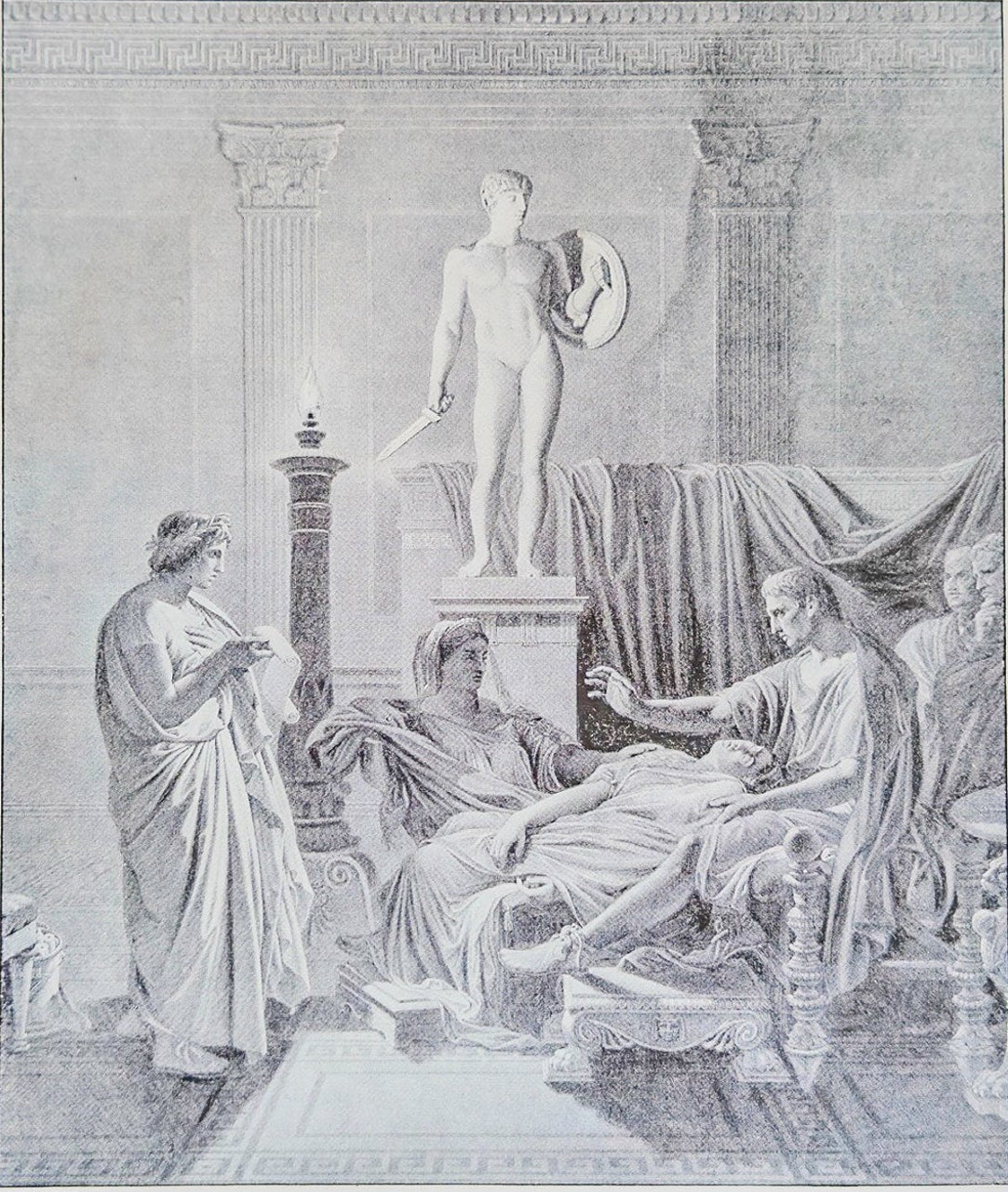 Ancient Roman scene with three figures in a classical setting