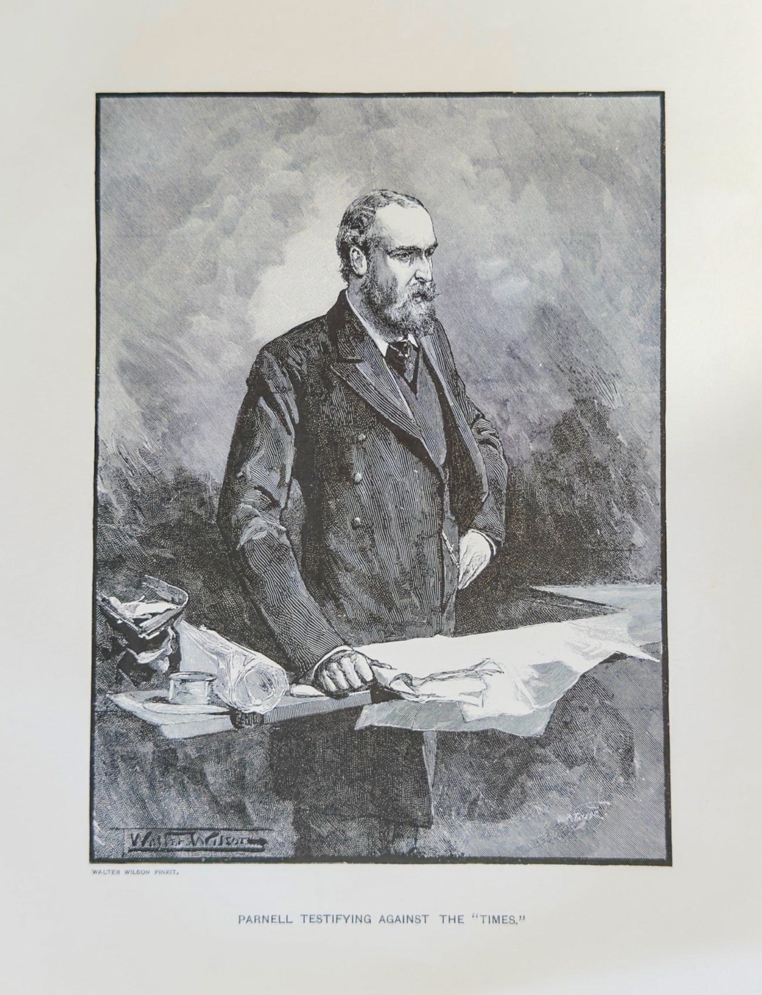 Vintage black and white print of a man at a desk with text below
