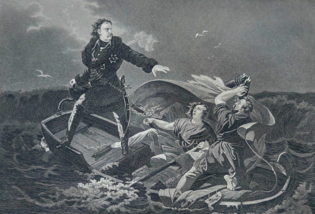 Peter the Great Crossing the Neva – 1894 Antique Engraving Print | Russian History