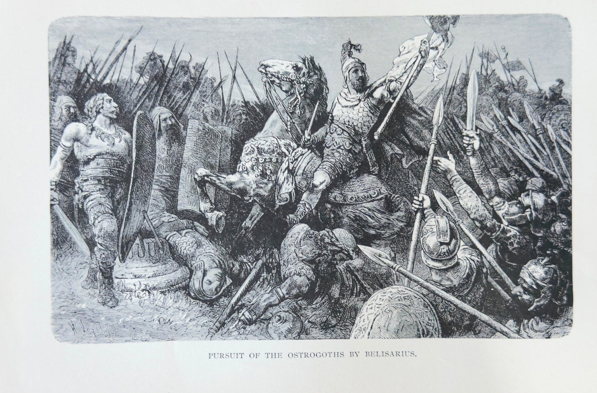 Black and white illustration of a battle scene with soldiers and armor.