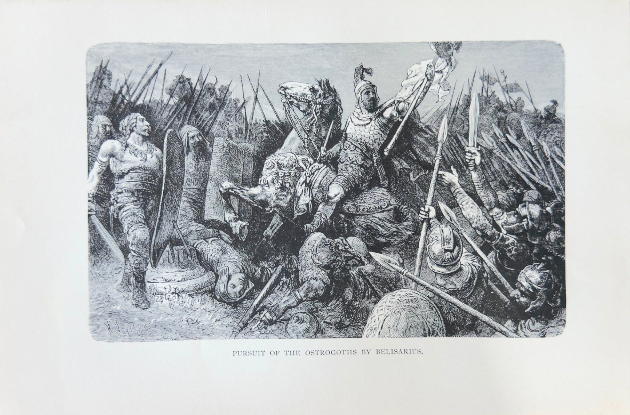 Black and white illustration of a battle scene with soldiers and armor.