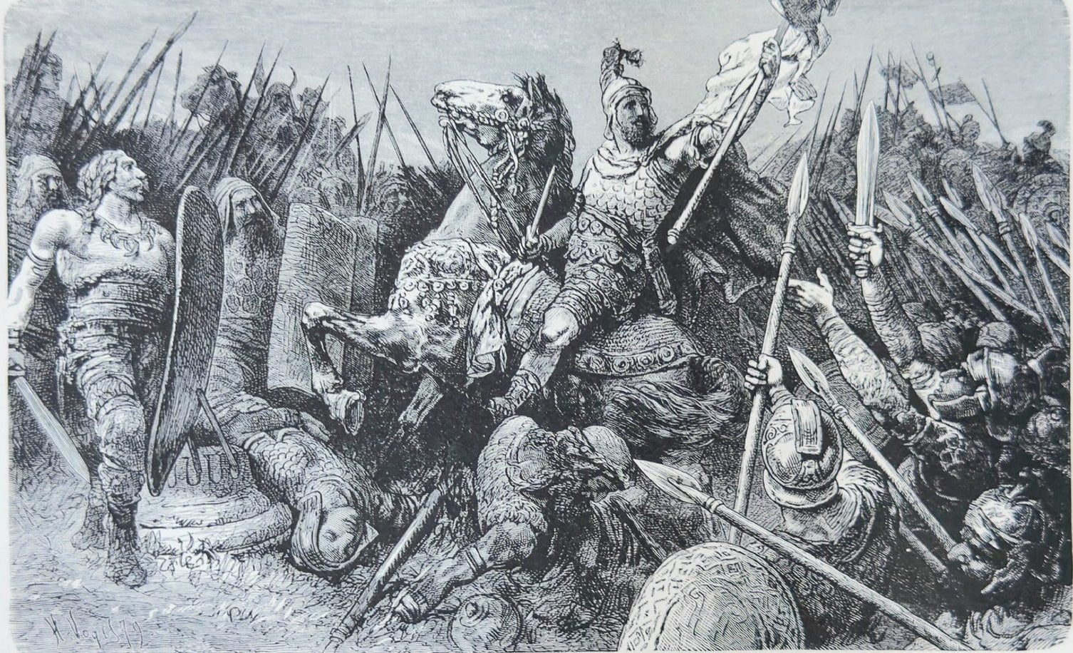 Black and white illustration of a battle scene with soldiers and armor.