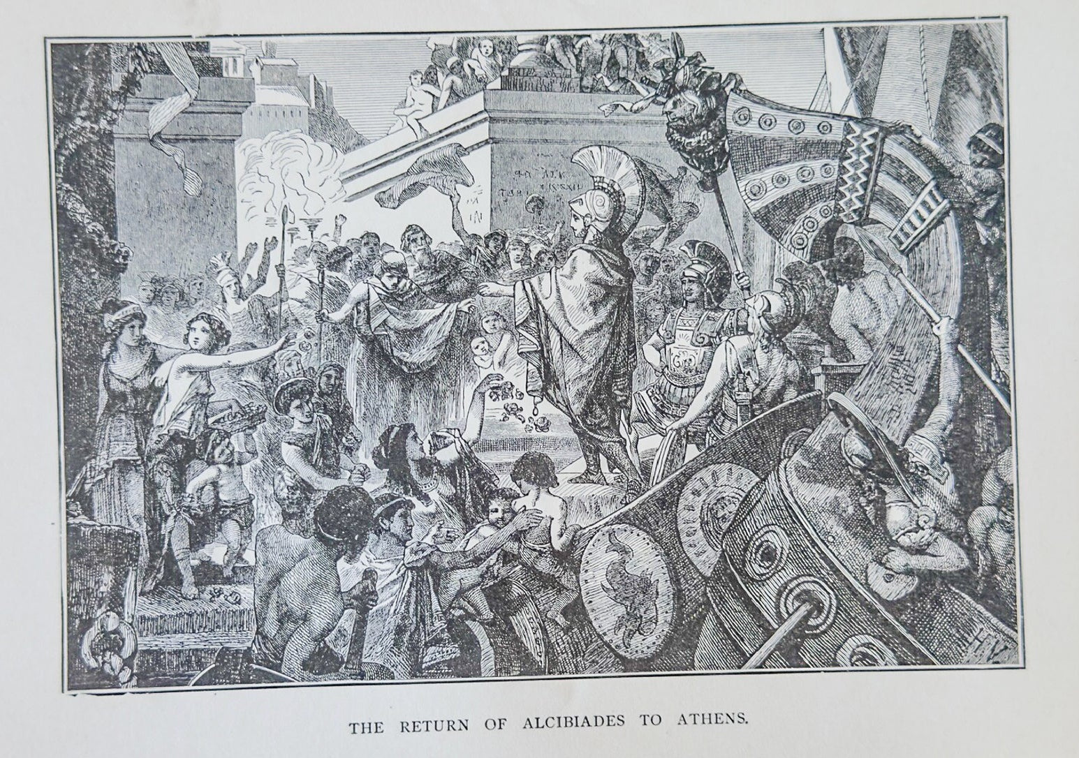 Black and white illustration of a historical scene with people and architecture.