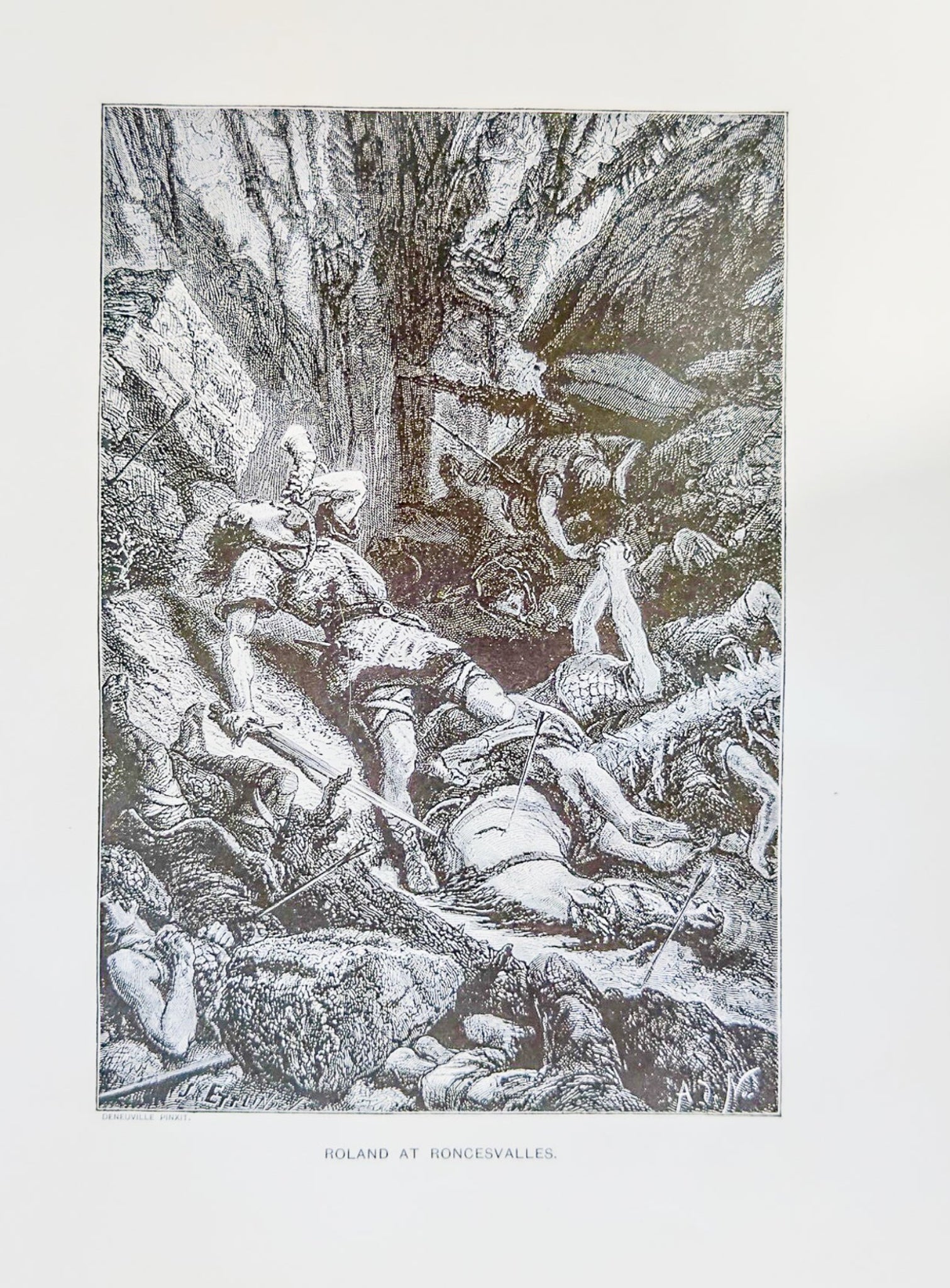 Antique Roland at Roncevalles Engraving – Charlemagne Knight Print – Great Men and Famous Women – Best Men Series – Medieval Battle Art