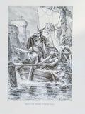 Black and white illustration of a person in a boat with a castle in the background on a white background