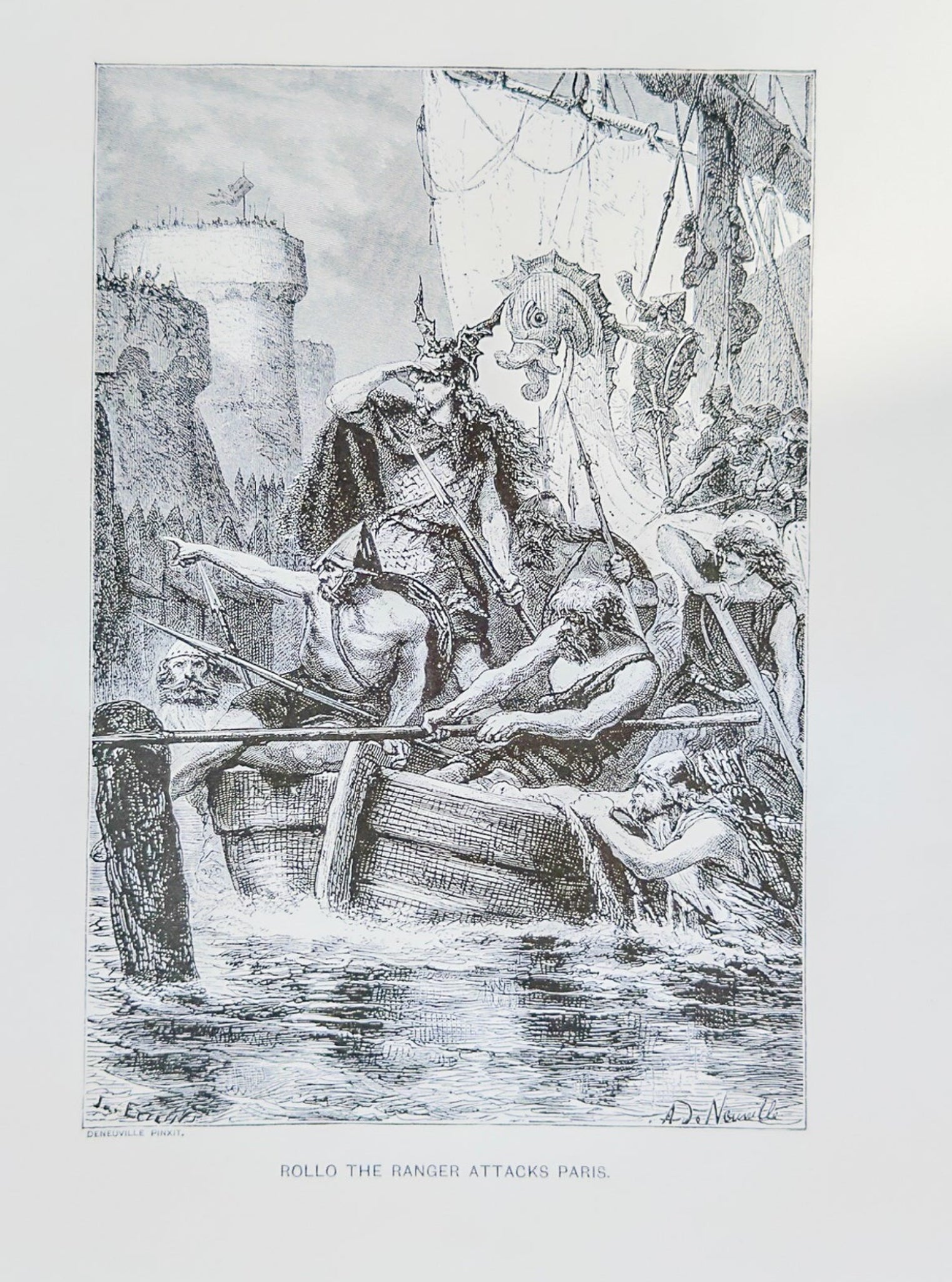 Black and white illustration of a person in a boat with a castle in the background on a white background