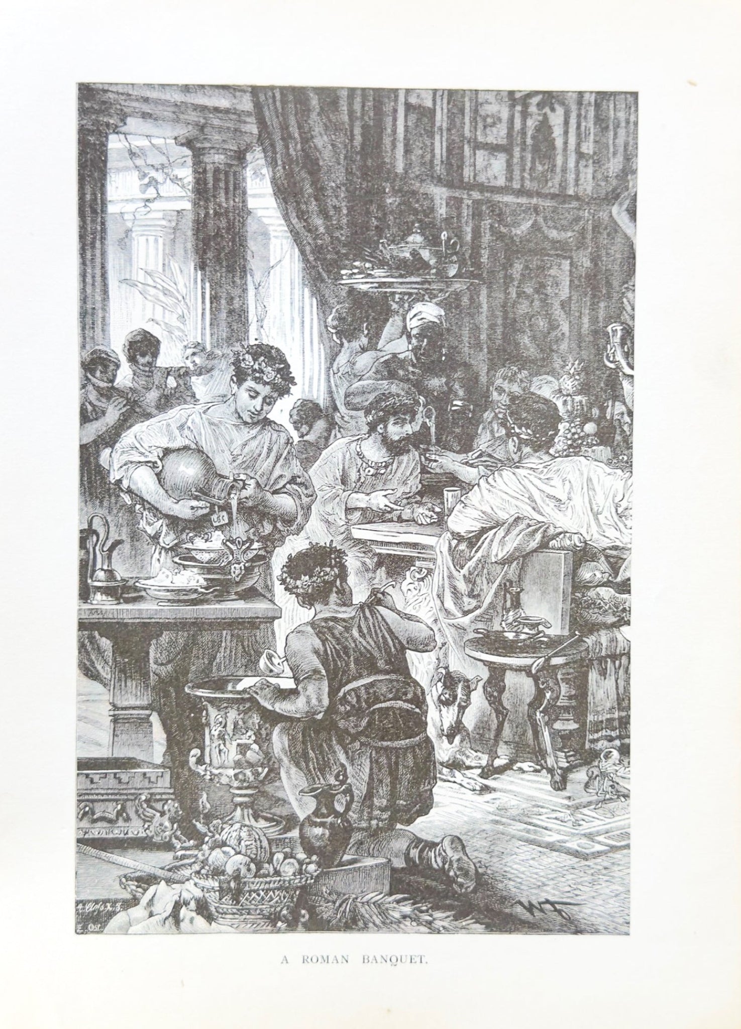 A Roman Banquet – 1894 Antique Engraving Print | Ancient Rome Feast Scene