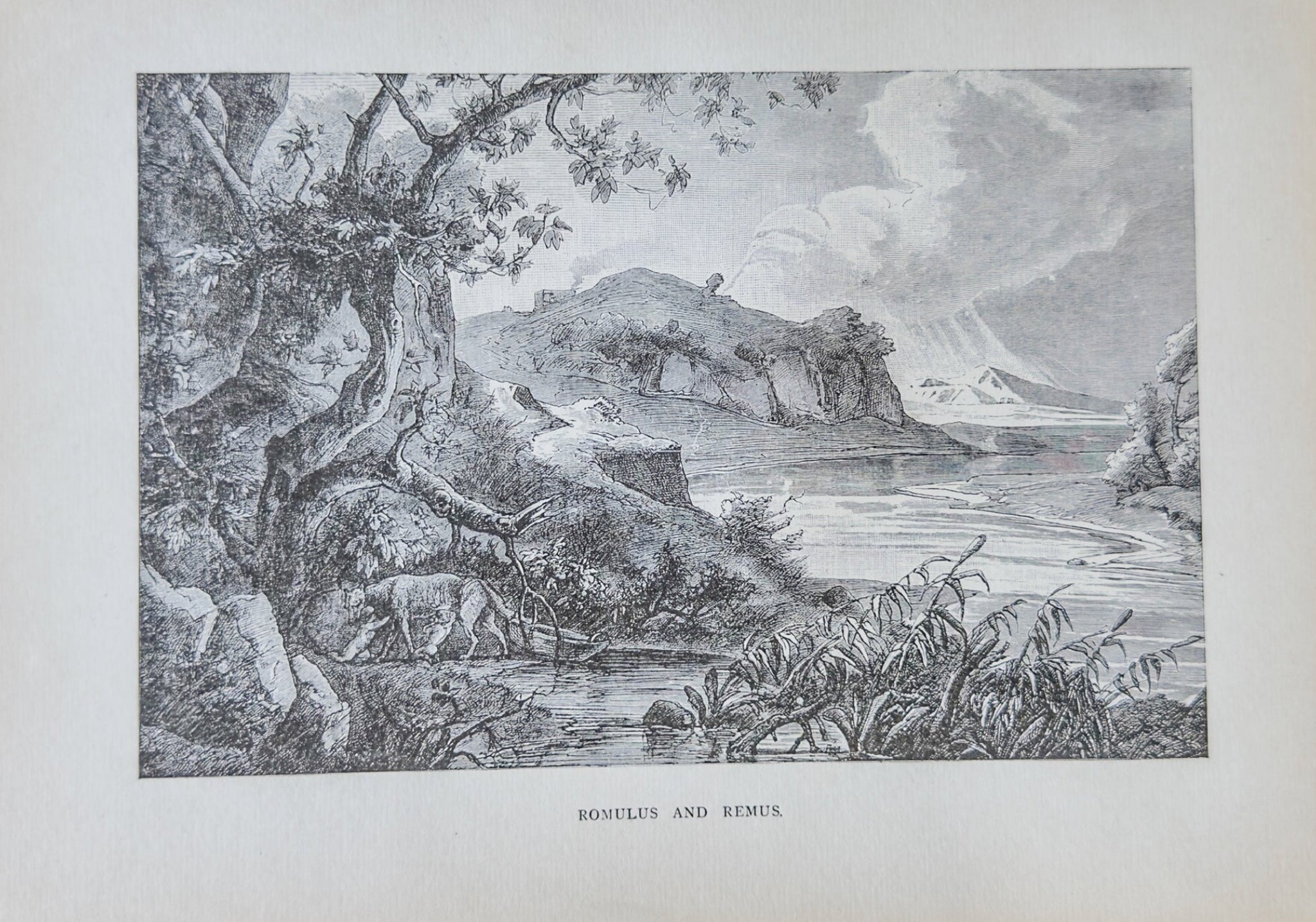 Vintage black and white illustration of a landscape with trees, animals, and a body of water.